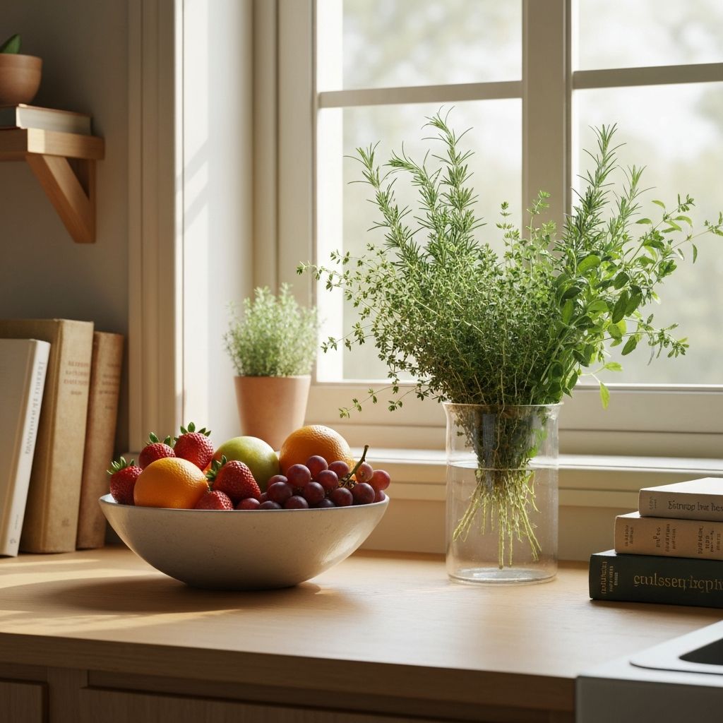 Peaceful kitchen setup with fresh ingredients and natural light
